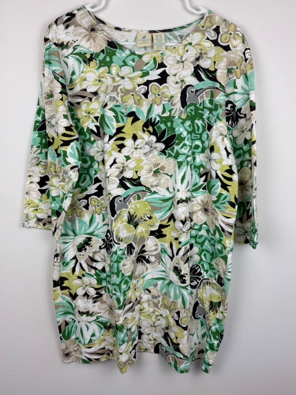 Caribbean Joe Tunic Blouse w/ Tropical Bird Pattern Size XL Like New Coastal